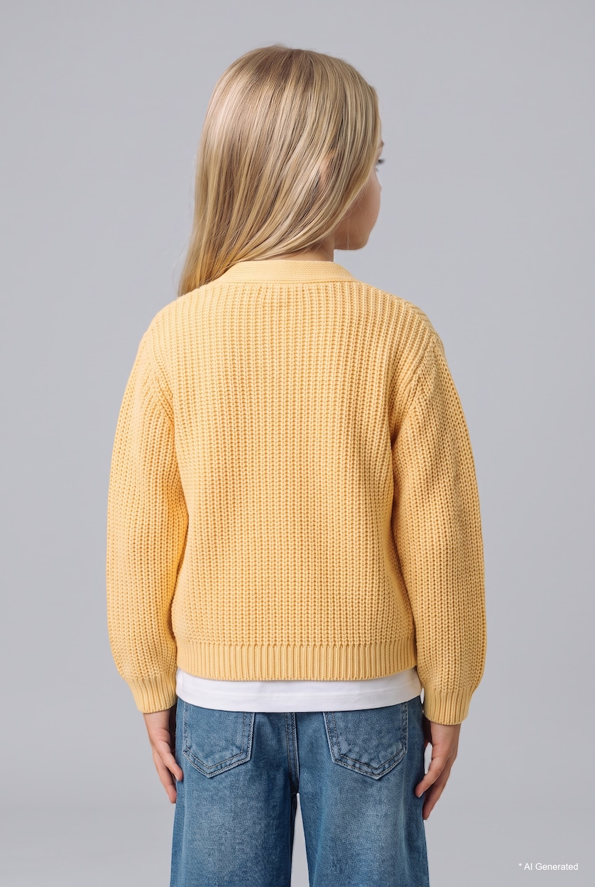 Baby Girls Light Yellow Regular Fit V-Neck Cardigan 3D