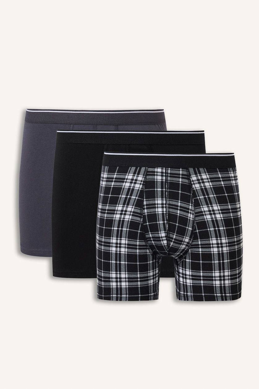 Erkek Siyah Regular Fit Ekose Desenli 3'lü Boxer
