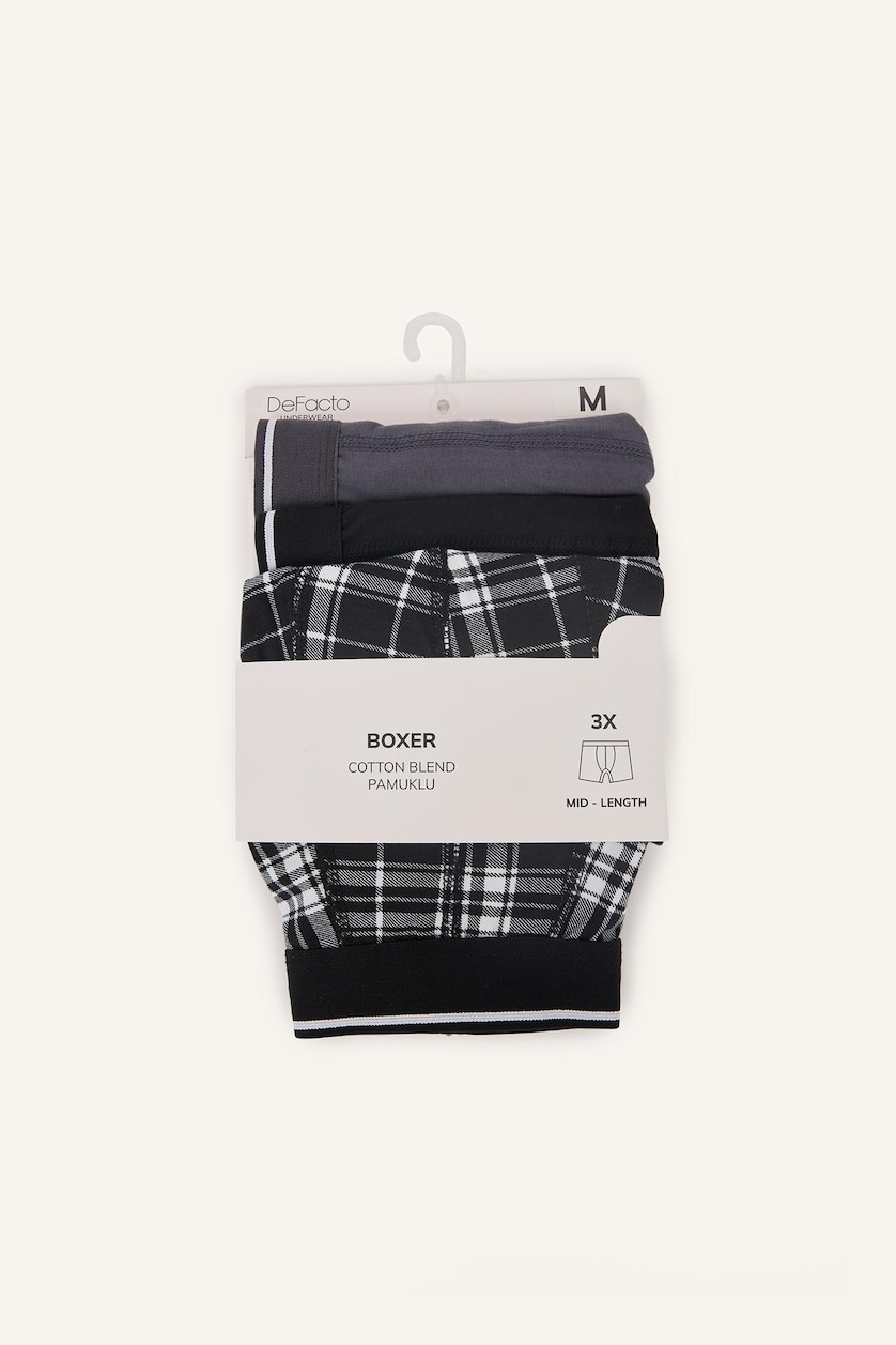 Erkek Siyah Regular Fit Ekose Desenli 3'lü Boxer