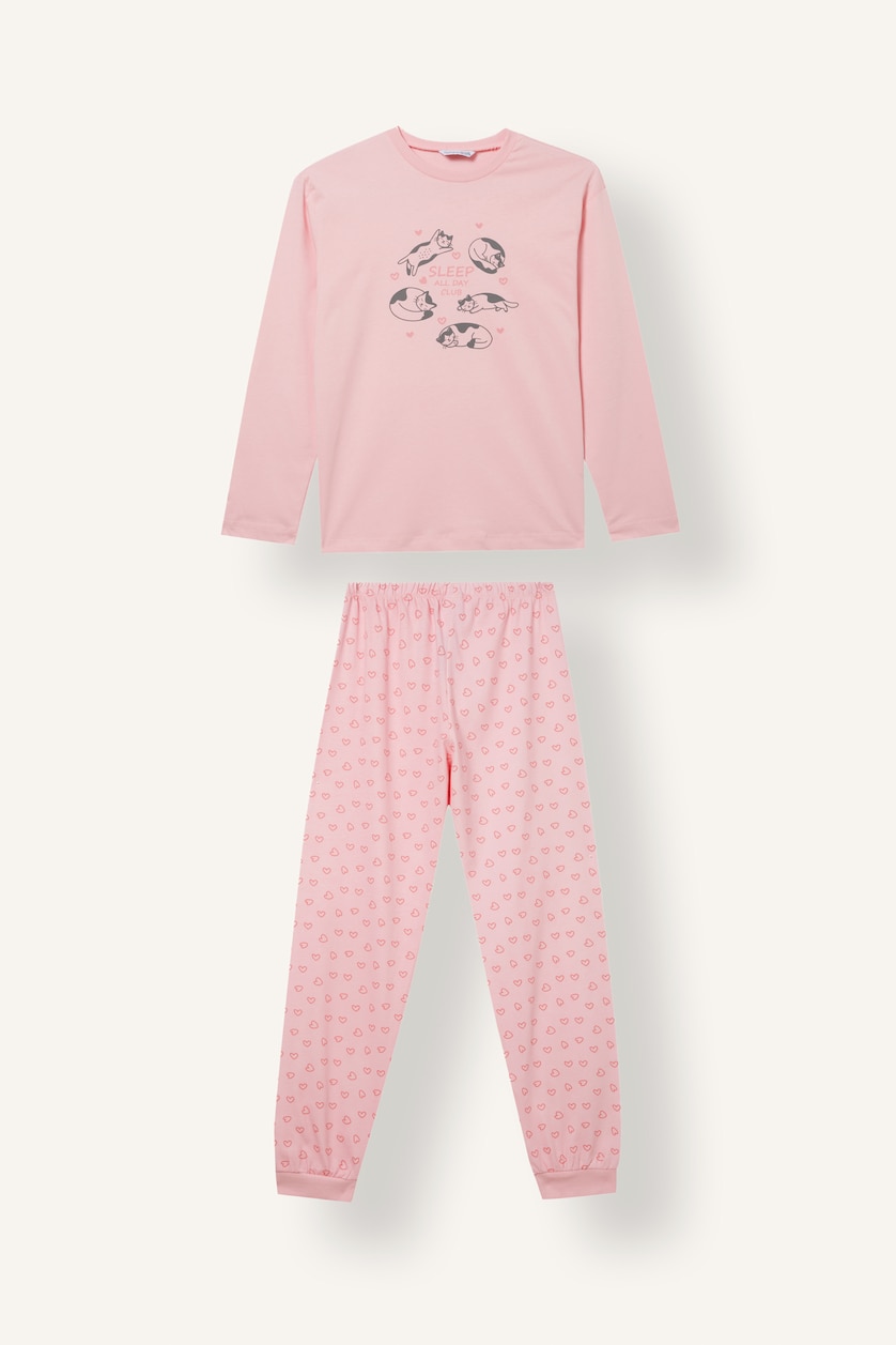 Young Girls - Teen Girls Pink Girl 100% Cotton Printed Long Sleeve Top Long Bottom Pyjama Set