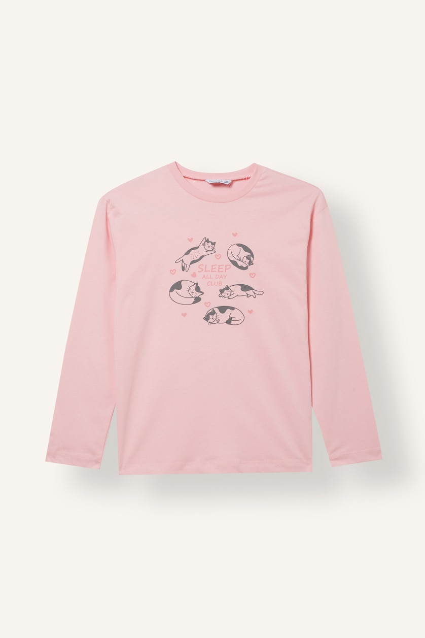 Young Girls - Teen Girls Pink Girl 100% Cotton Printed Long Sleeve Top Long Bottom Pyjama Set