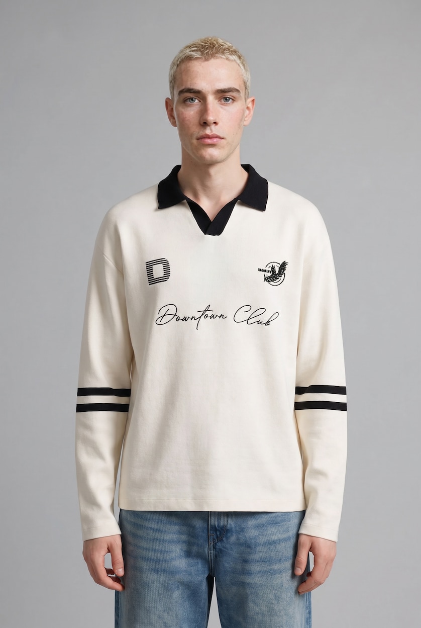 Erkek Ekru Relaxed Fit Polo Yaka Triko Kazak