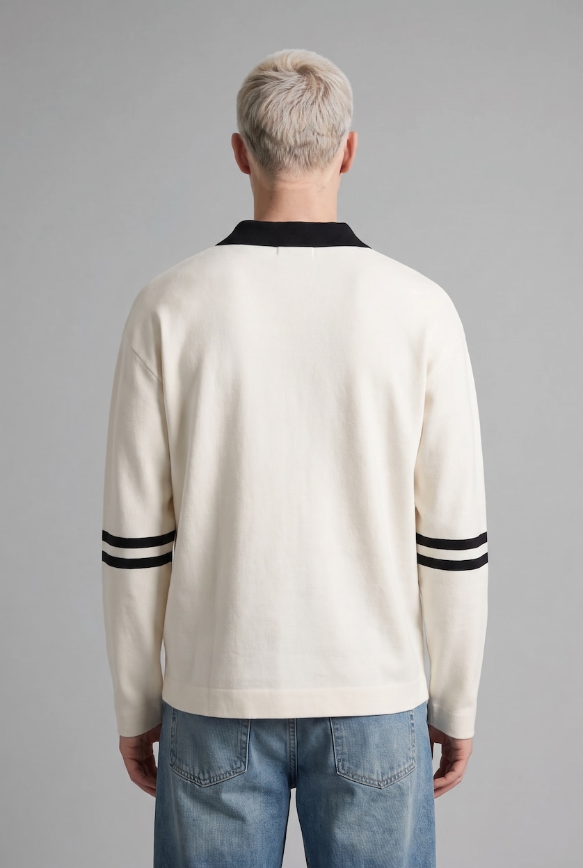 Erkek Ekru Relaxed Fit Polo Yaka Triko Kazak