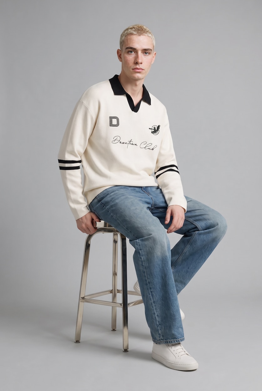 Erkek Ekru Relaxed Fit Polo Yaka Triko Kazak