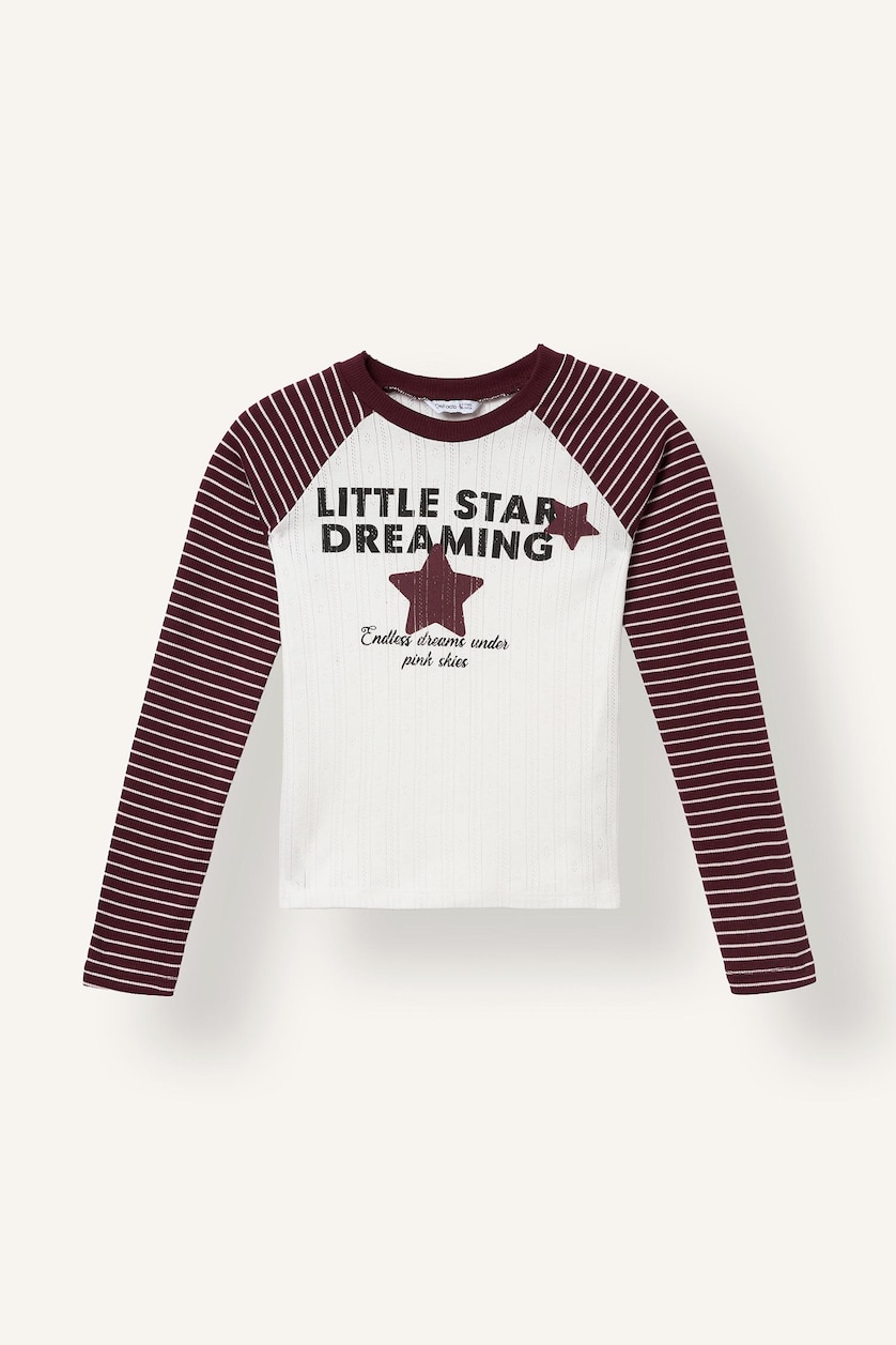 GIRLS & TEENS Bordeaux Girl 100% Cotton Striped Raglan Long Sleeve Crew Neck Printed T-Shirt