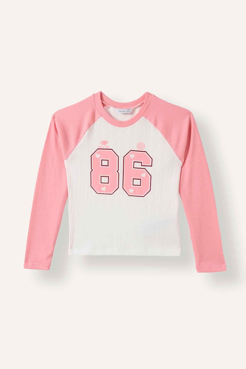 Kız Çocuk - Genç Kız Pembe Reglan Kollu Baskılı Tişört Kız Çocuk