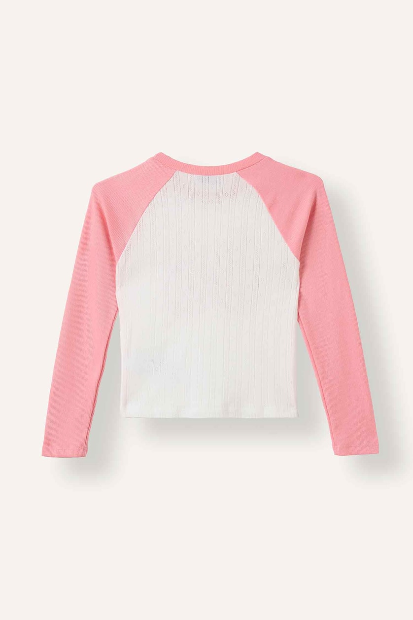 Kız Çocuk - Genç Kız Pembe Reglan Kollu Baskılı Tişört Kız Çocuk