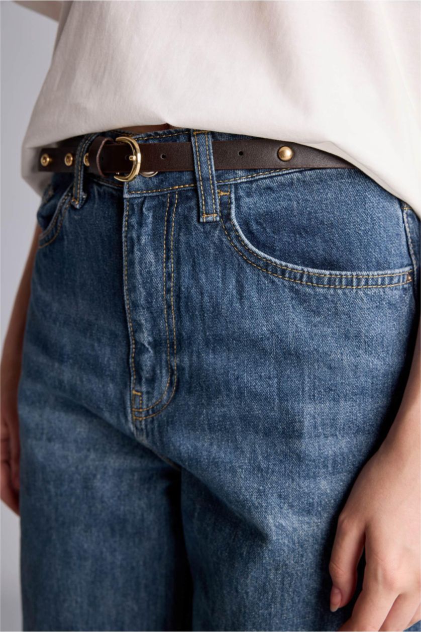 Women Dark Blue High Waist Straight Fit Trousers