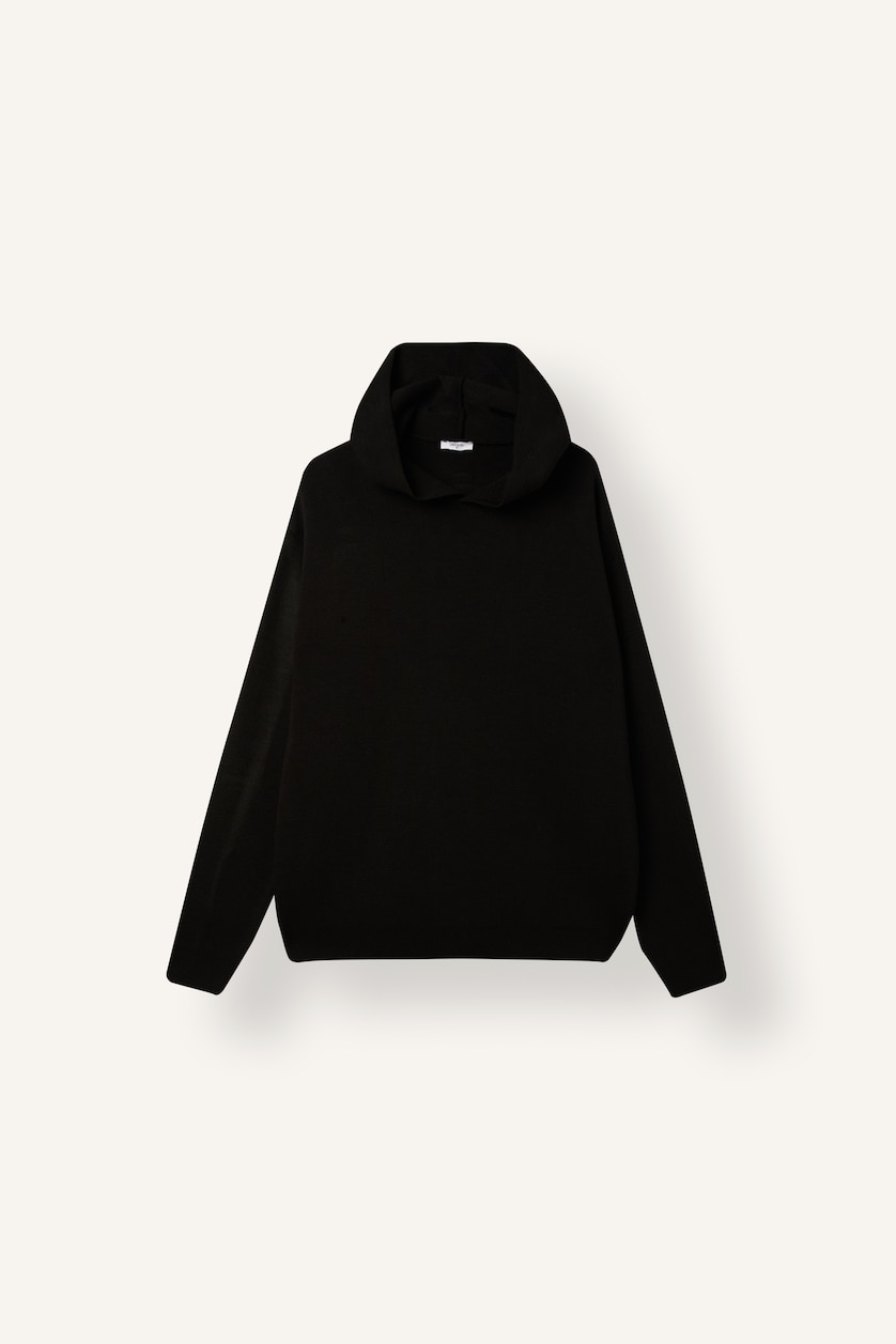 Erkek Siyah Relaxed Fit Kapüşonlu Triko Basic Kazak