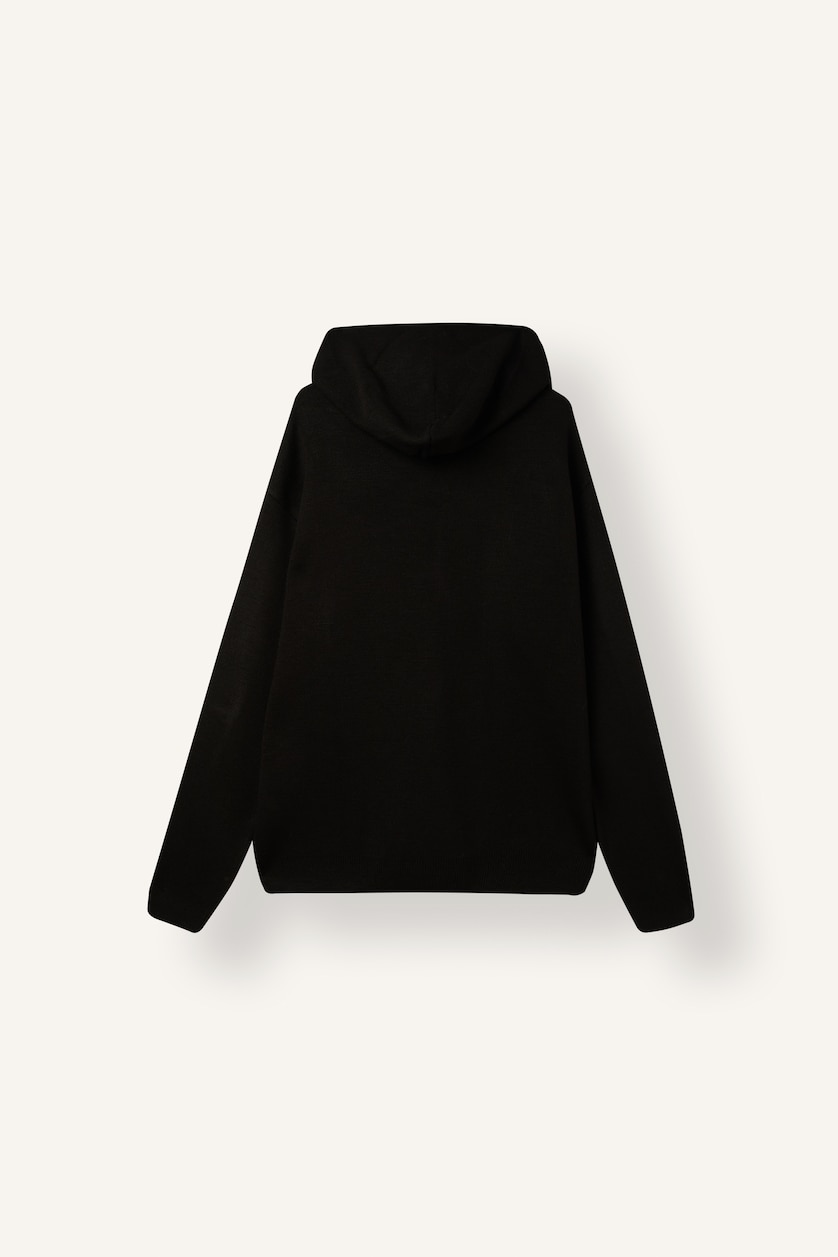 Erkek Siyah Relaxed Fit Kapüşonlu Triko Basic Kazak
