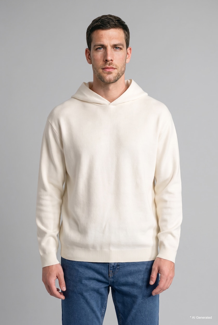 Erkek Ekru Relaxed Fit Kapüşonlu Triko Basic Kazak