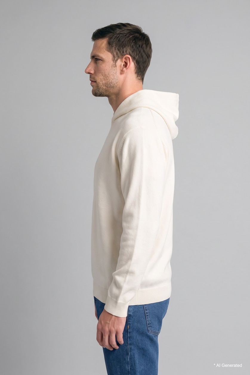 Erkek Ekru Relaxed Fit Kapüşonlu Triko Basic Kazak