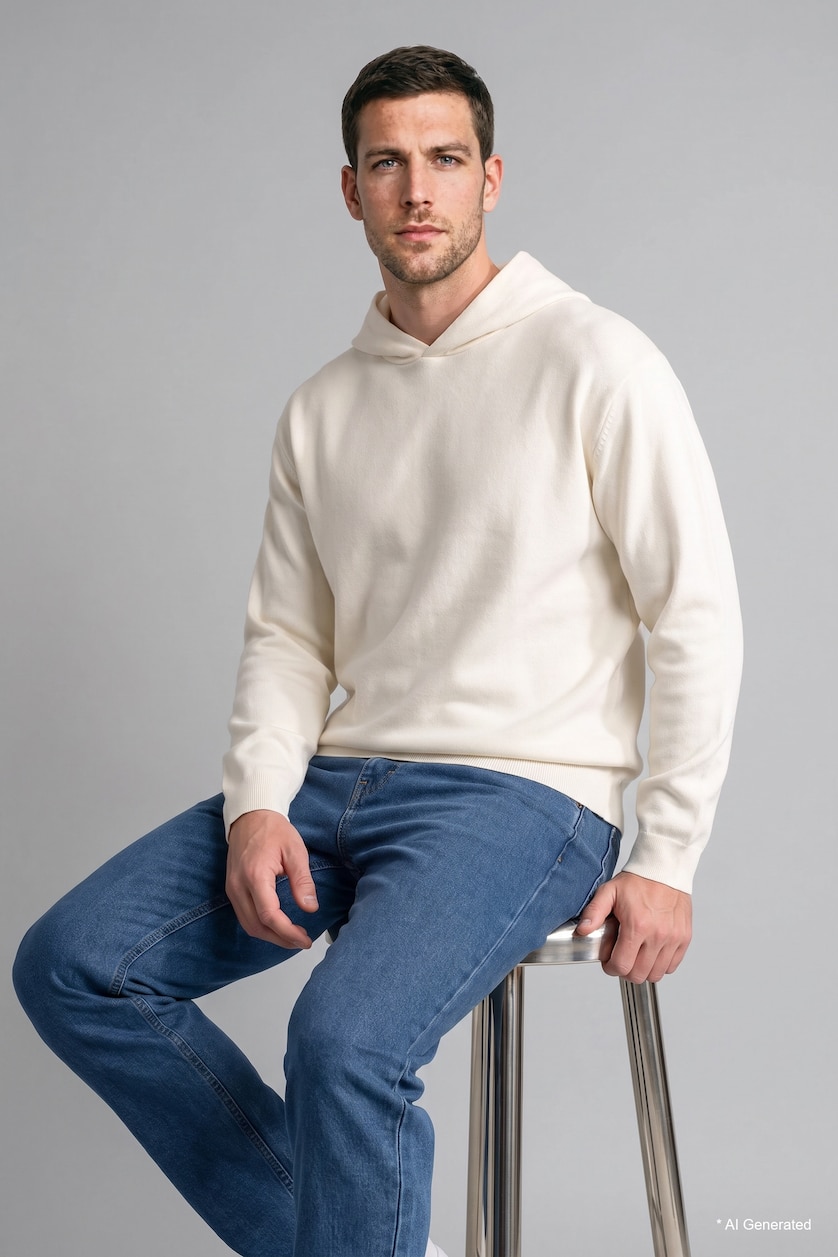 Erkek Ekru Relaxed Fit Kapüşonlu Triko Basic Kazak