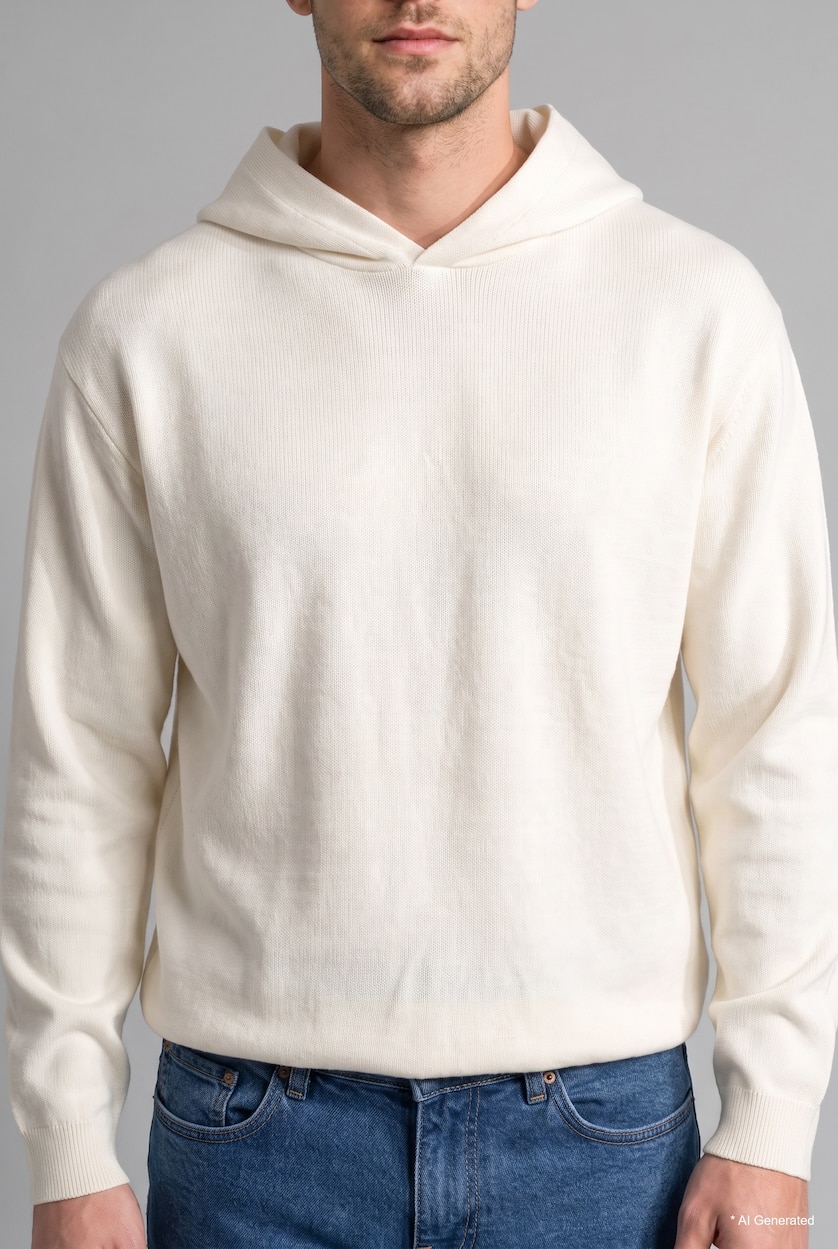 Erkek Ekru Relaxed Fit Kapüşonlu Triko Basic Kazak