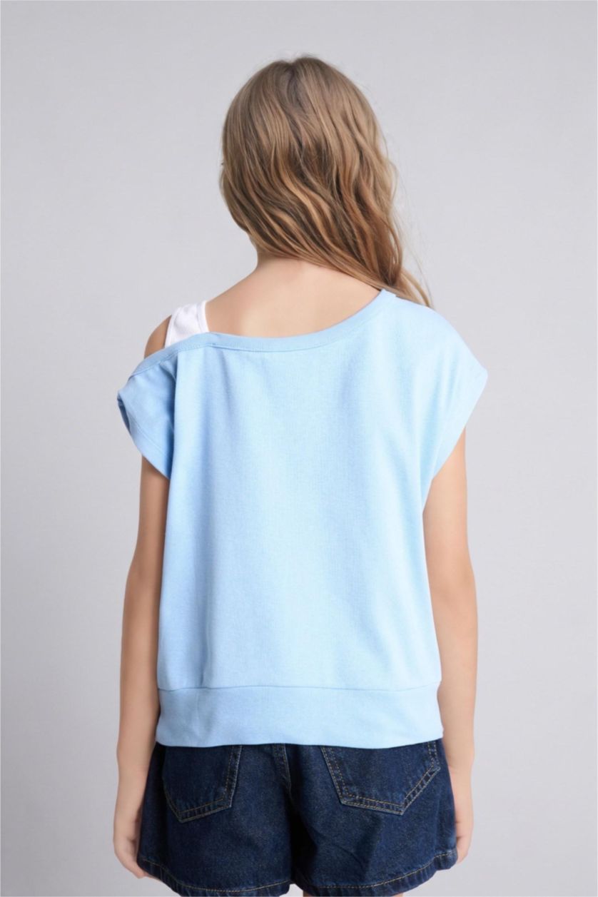GIRLS & TEENS Light Blue تيشيرت بناتي نص كم مضلع بطبعة شعار