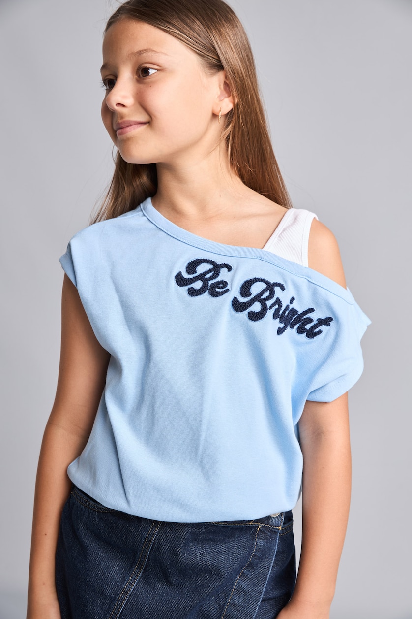 GIRLS & TEENS Light Blue T-shirt bleu clair imprimé à col bateau et manches courtes pour fille