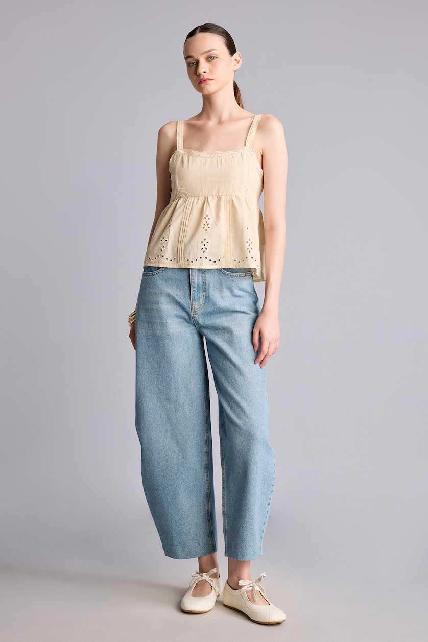 Kadın Açık Mavi %100 Pamuk Barrel Fit Jean Pantolon