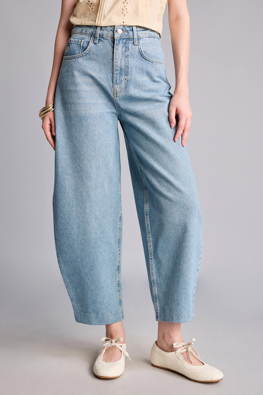 Kadın Açık Mavi %100 Pamuk Barrel Fit Jean Pantolon