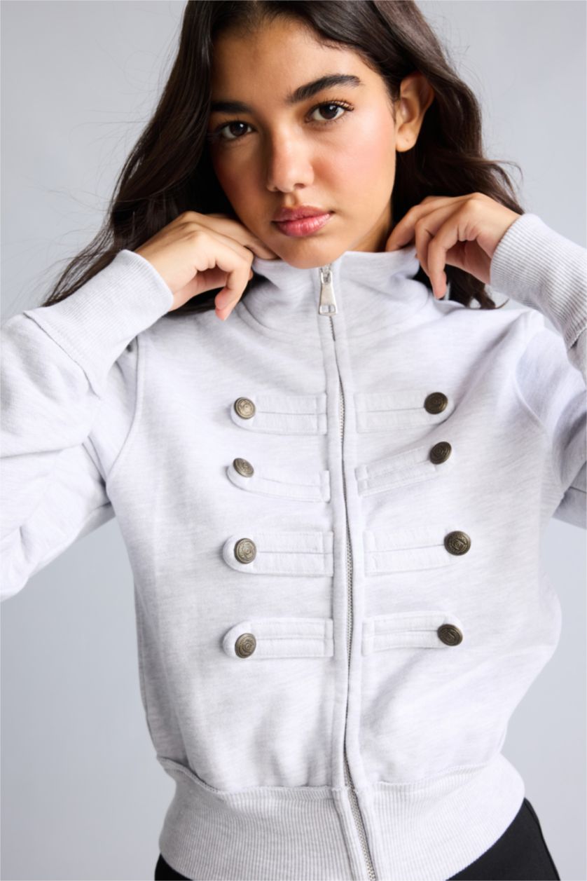Kadın Gri Melanj Loose Fit Fermuarlı Ceket