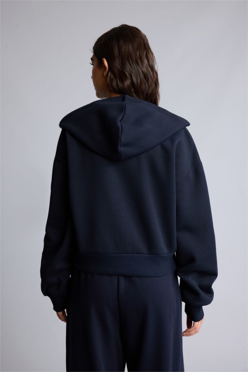 Kadın Lacivert Regular Fıt Kapüşonlu Fermuarlı Basic Sweatshirt