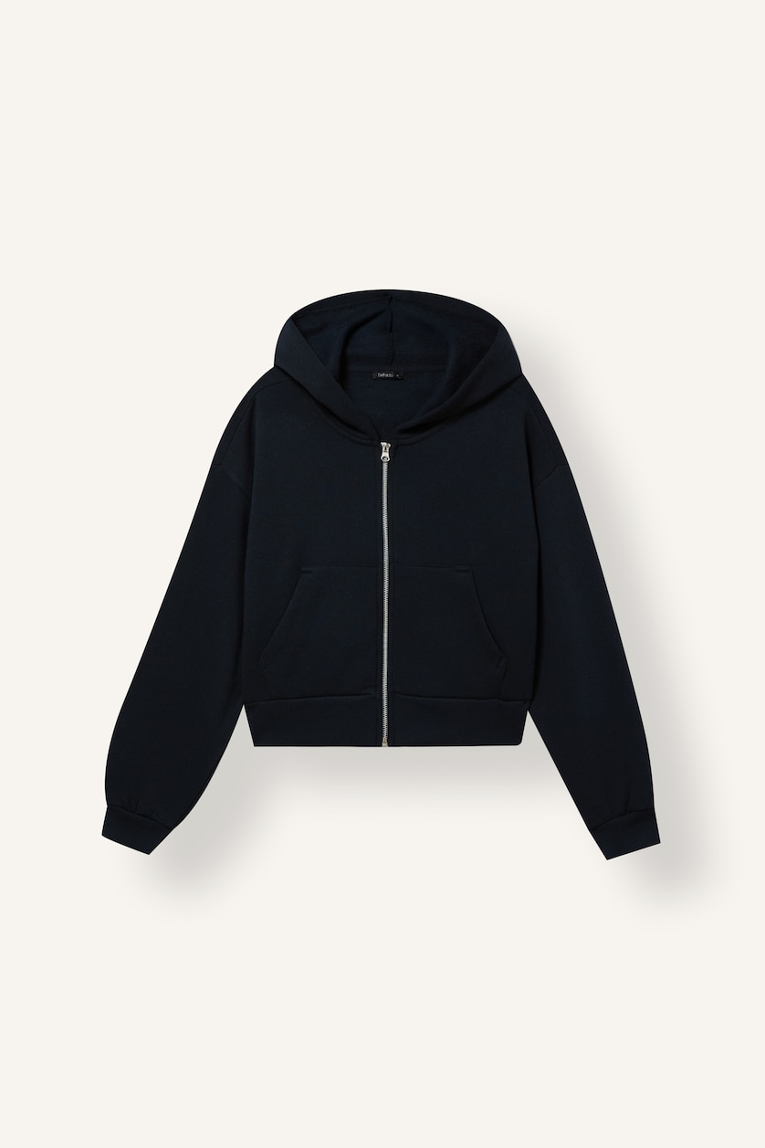 Kadın Lacivert Regular Fıt Kapüşonlu Fermuarlı Basic Sweatshirt