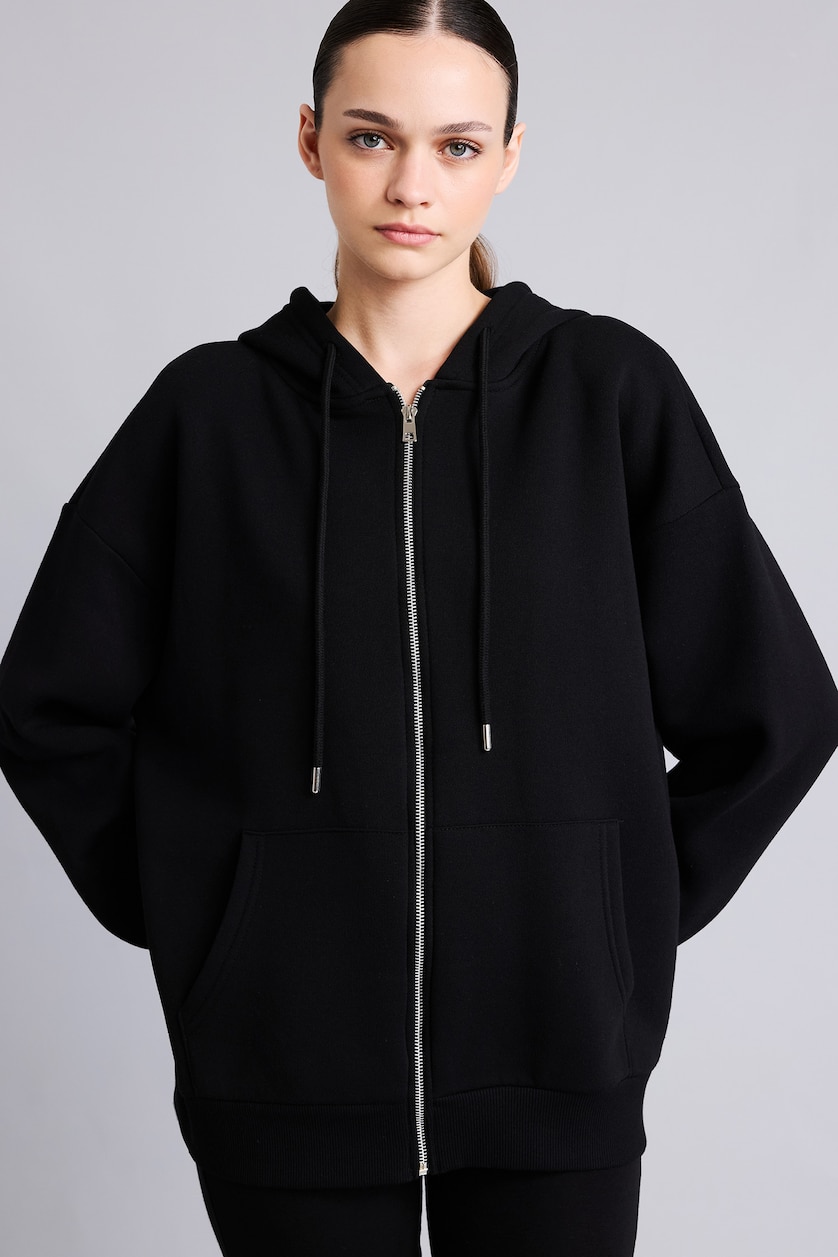 Women Black Oversize Hooded Thick Fabric Cardigan