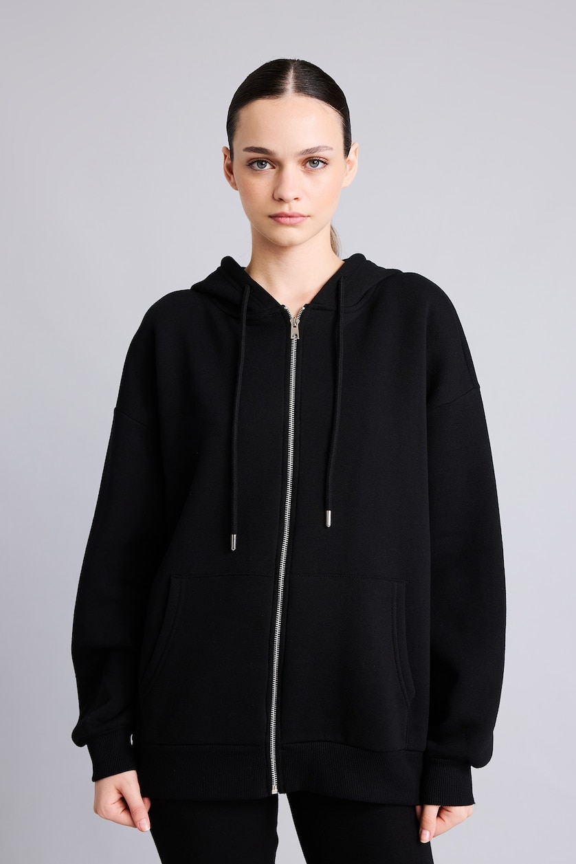 Women Black Oversize Hooded Thick Fabric Cardigan