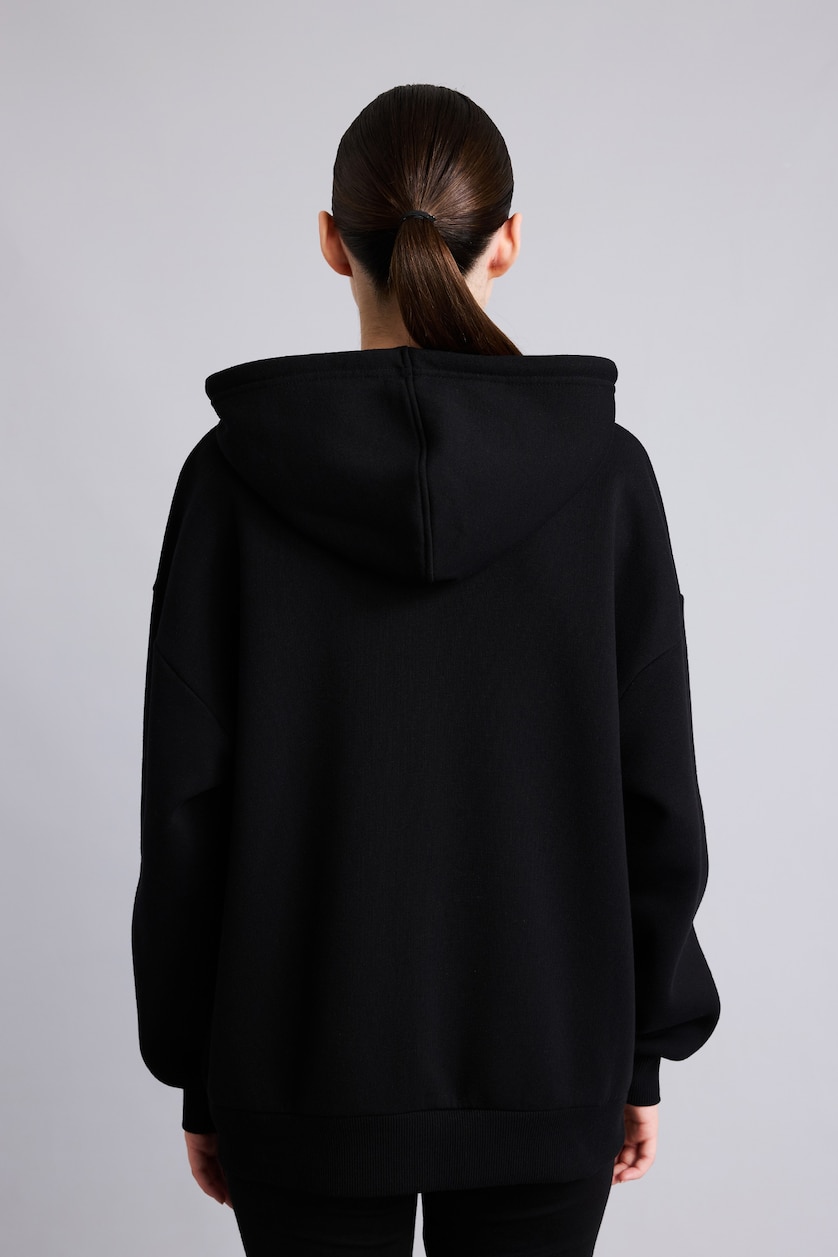 Women Black Oversize Hooded Thick Fabric Cardigan