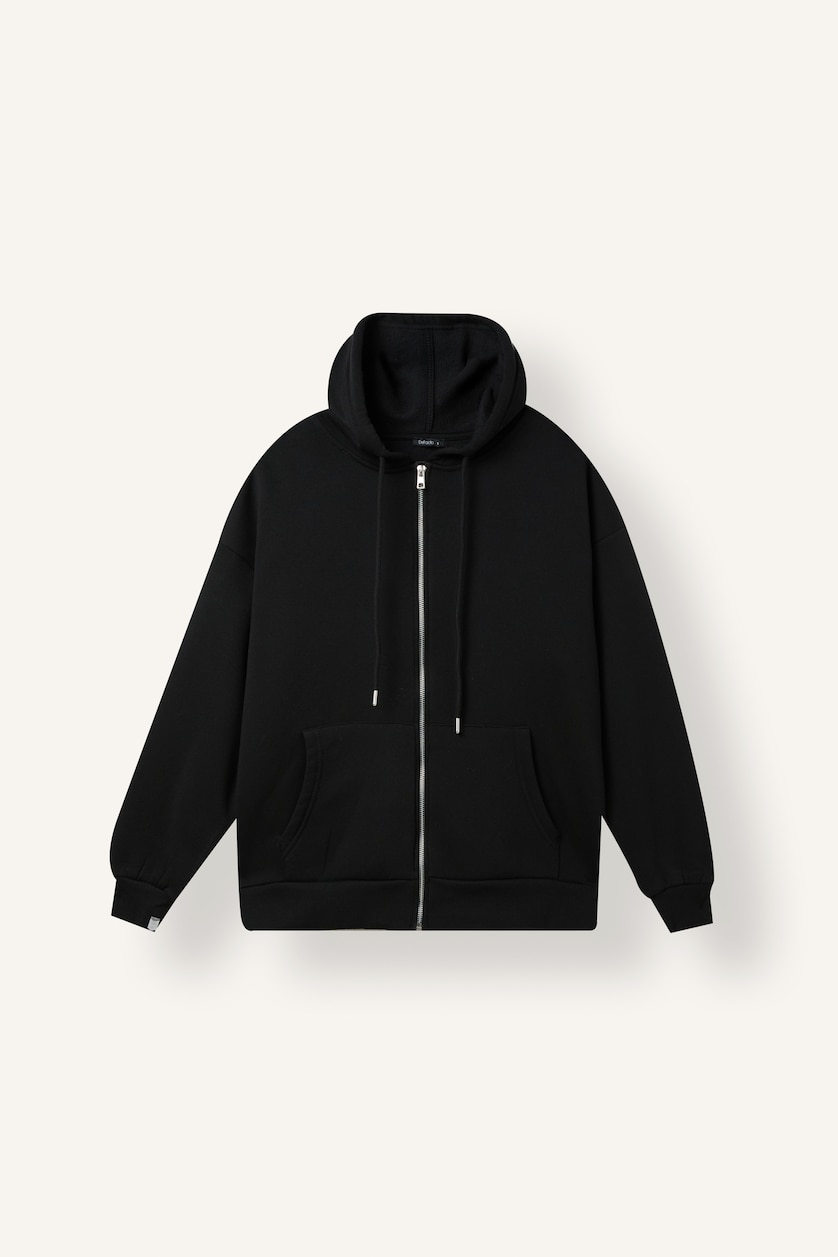 Woman Black Oversize Hooded Thick Fabric Cardigan