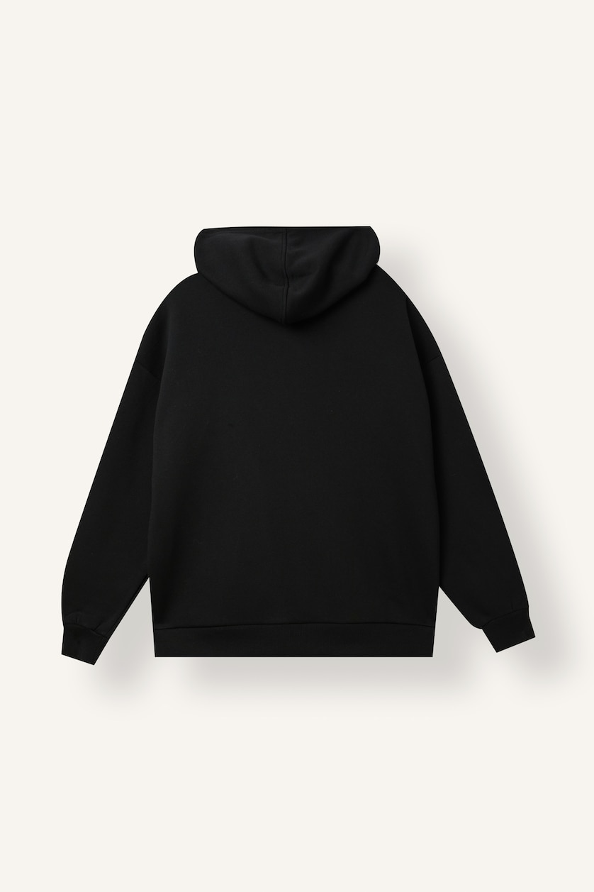 Woman Black Oversize Hooded Thick Fabric Cardigan