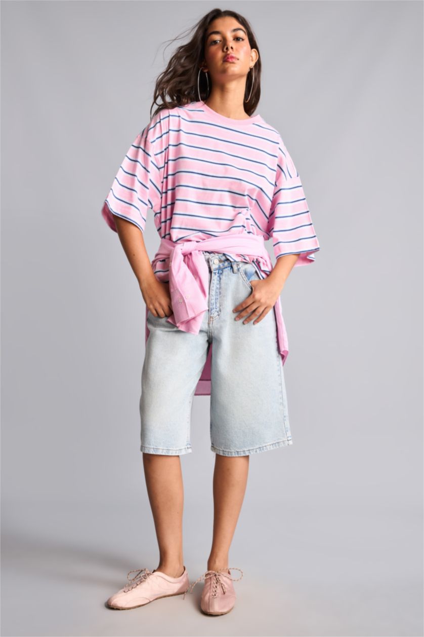 Kadın Açık Pembe Loose Fit Çizgili Tişört
