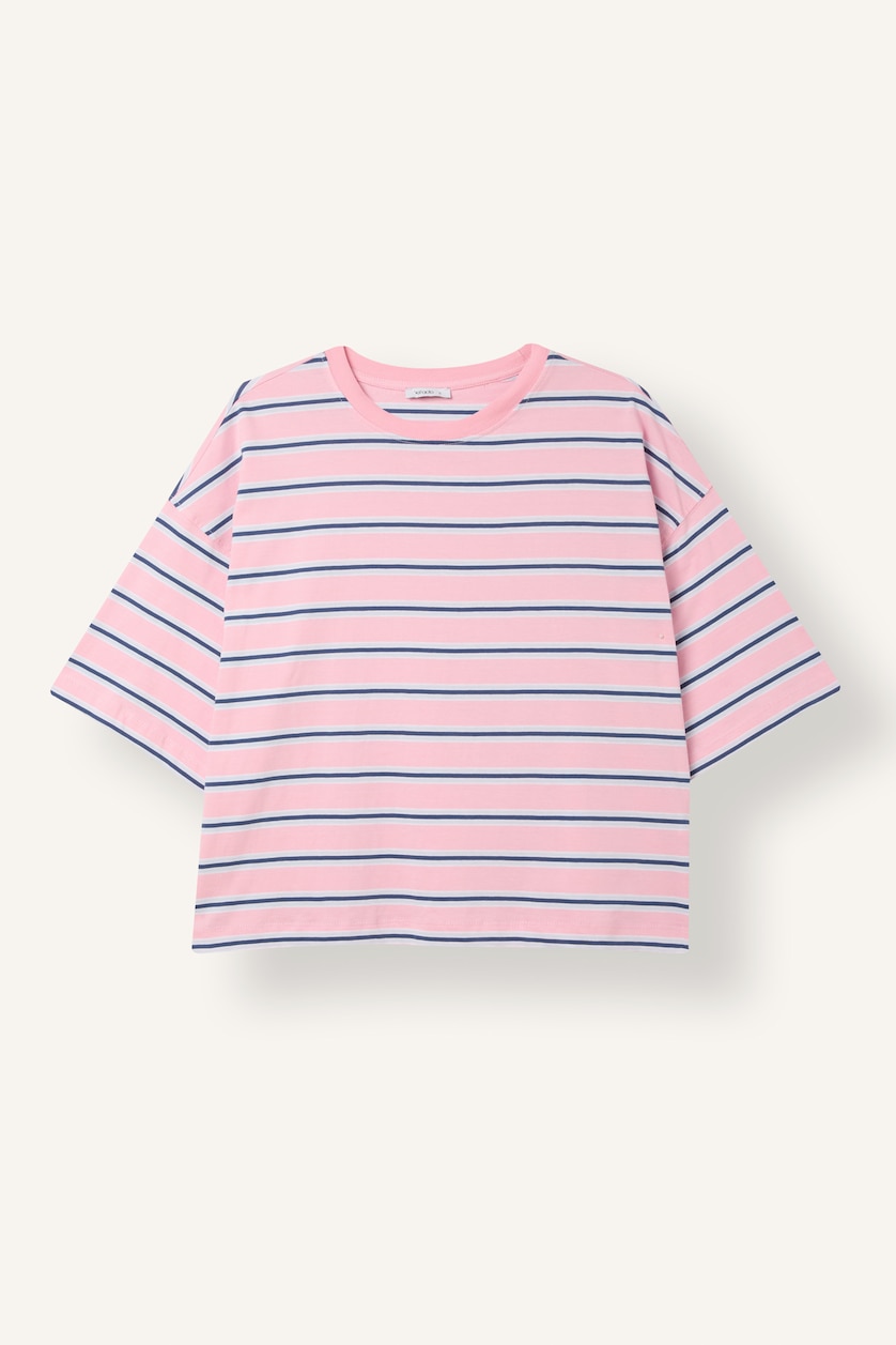 Women Light Pink 100% Cotton Loose Fit Crew Neck Striped T-Shirt