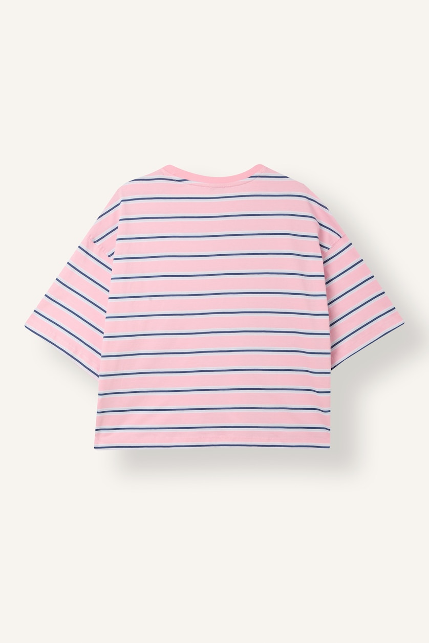 Women Light Pink 100% Cotton Loose Fit Crew Neck Striped T-Shirt