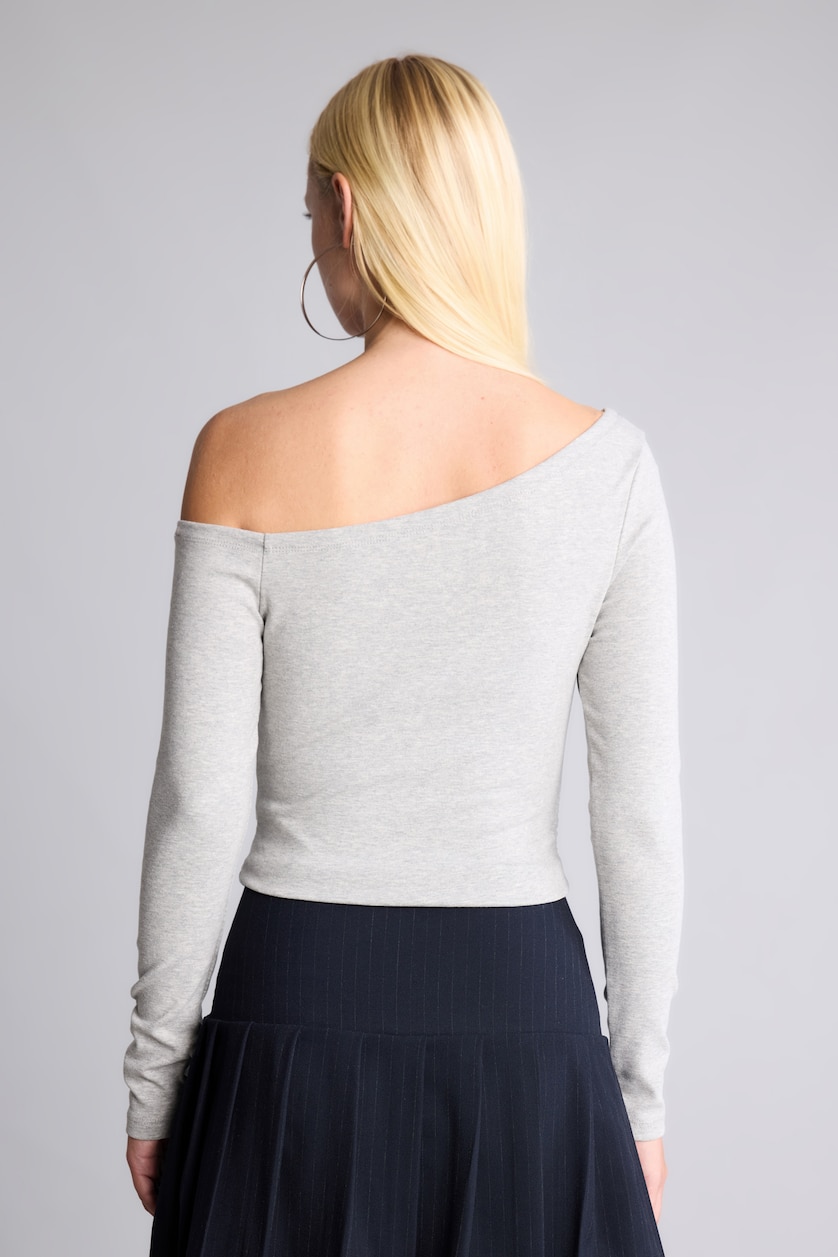 FEMME Gris T-shirt à manches longues en côtelé froncé à col bateau Coupe ajustée