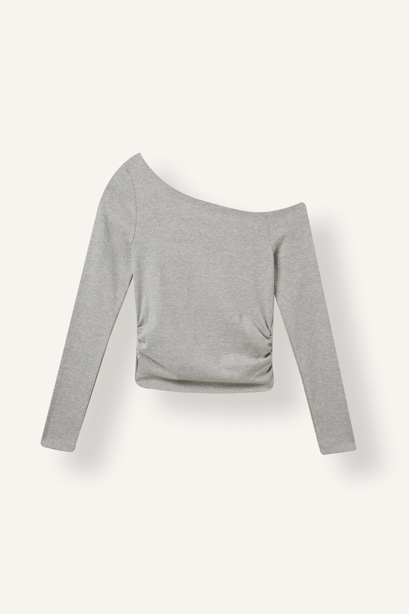 FEMME Gris T-shirt à manches longues en côtelé froncé à col bateau Coupe ajustée