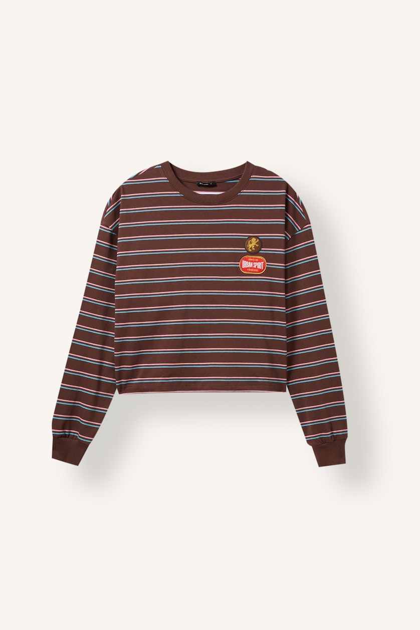 Kadın Kahve %100 Pamuk Loose Fıt Baskılı Çizgili Sweatshirt