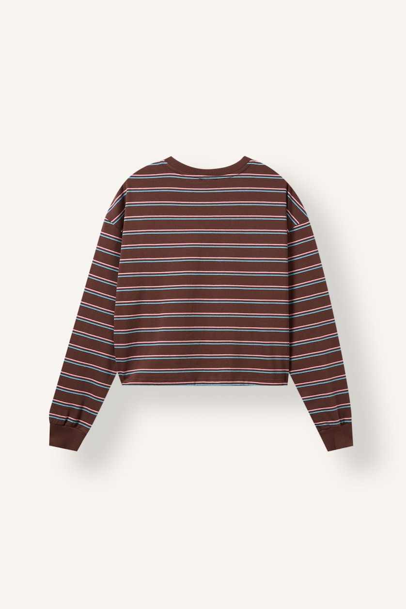 Kadın Kahve %100 Pamuk Loose Fıt Baskılı Çizgili Sweatshirt