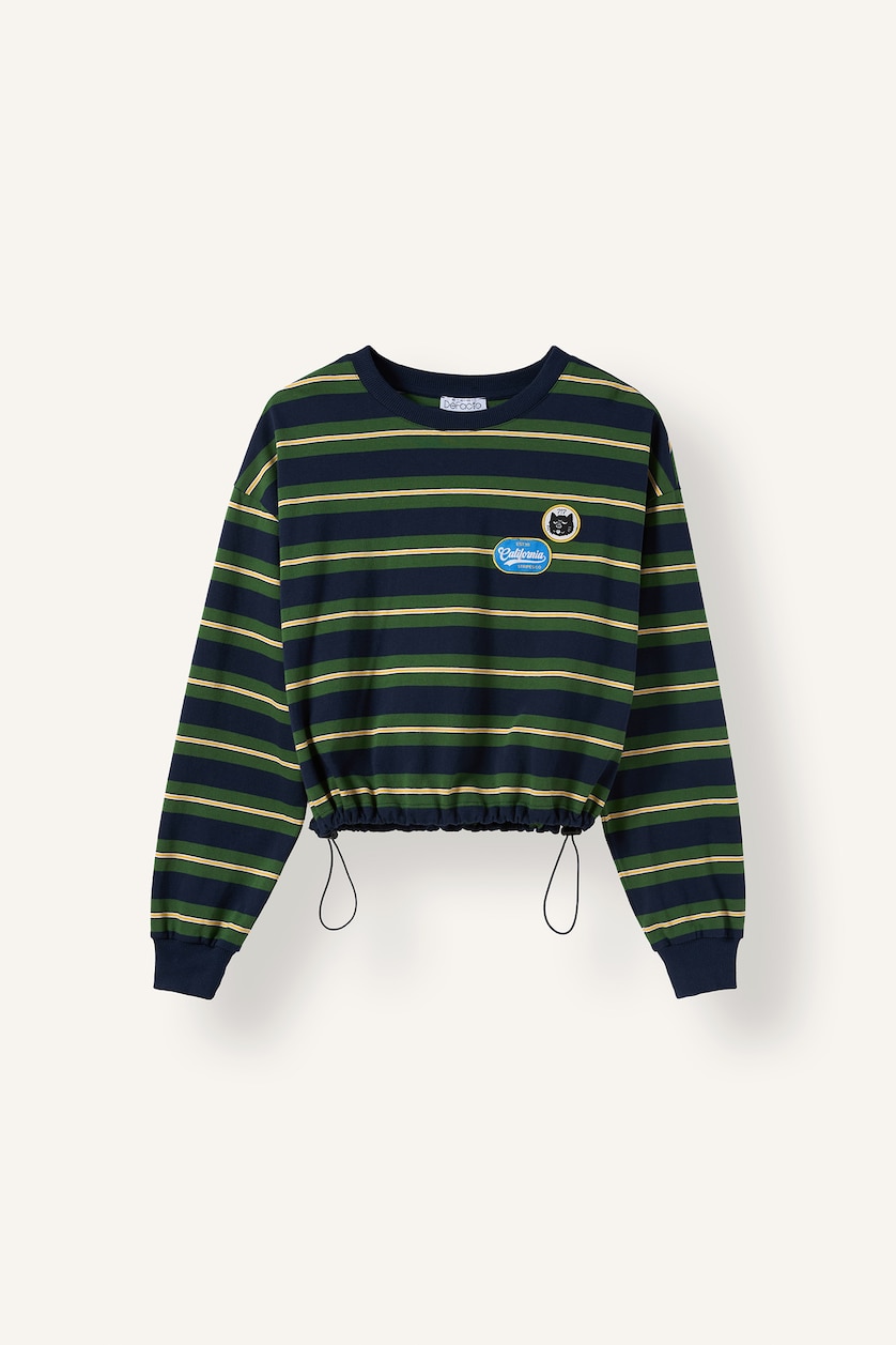 Kadın Lacivert %100 Pamuk Loose Fıt Baskılı Çizgili Sweatshirt