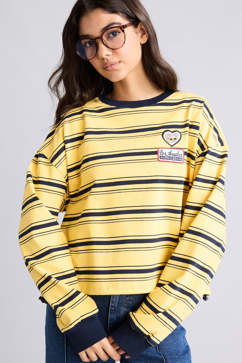 Kadın Sarı Loose Fıt Baskılı Çizgili Sweatshirt