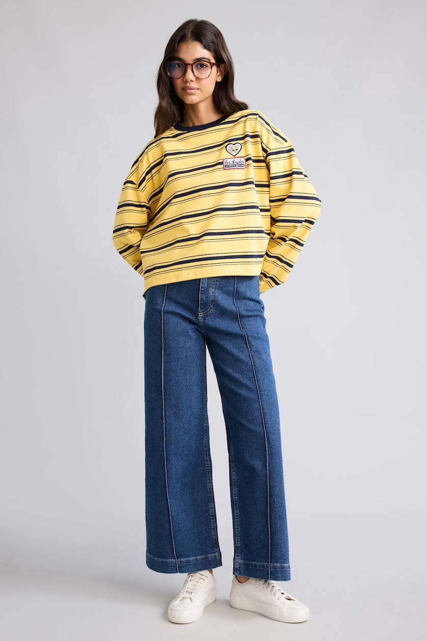Kadın Sarı Loose Fıt Baskılı Çizgili Sweatshirt