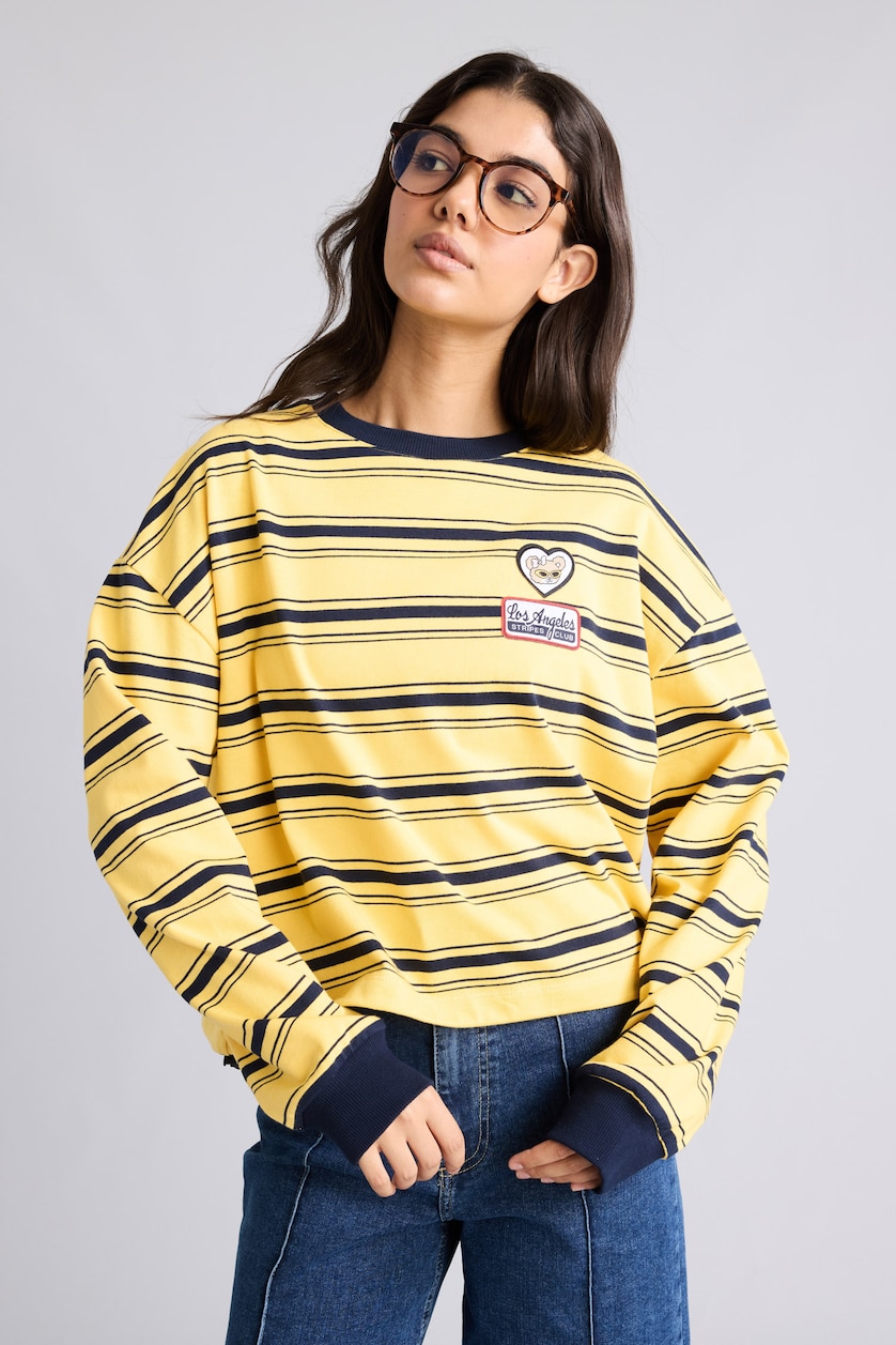 Kadın Sarı Loose Fıt Baskılı Çizgili Sweatshirt