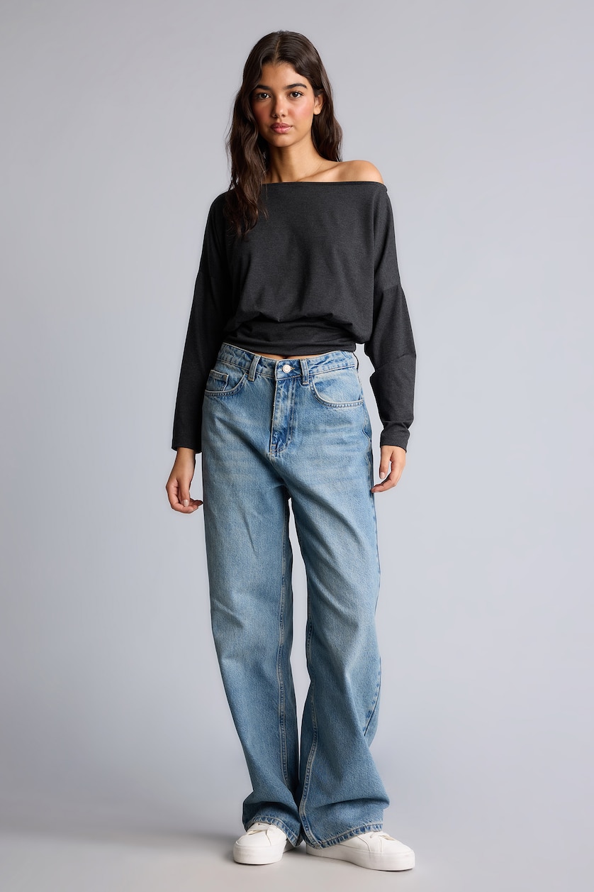 Women Anthracite Loose Fit Viscose Long Sleeve T-Shirt