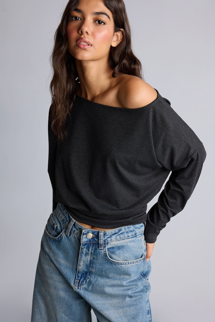 Women Anthracite Loose Fit Viscose Long Sleeve T-Shirt