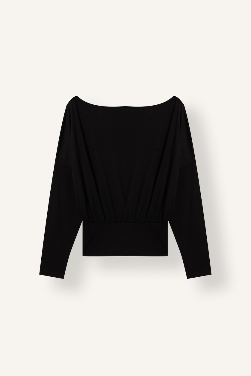 Kadın Siyah Loose Fit Düşük Omuzlu Basic Tişört