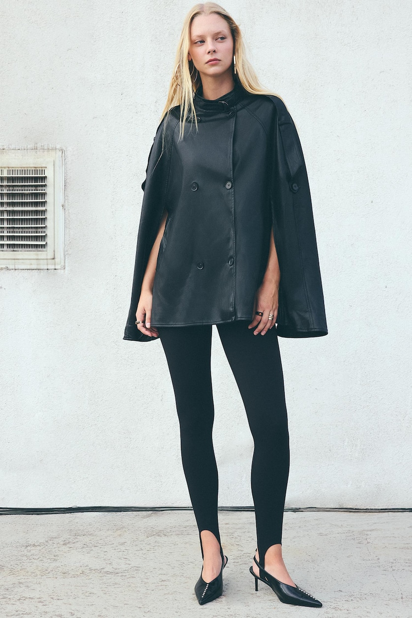 Woman Black Button up Faux Leather Jacket
