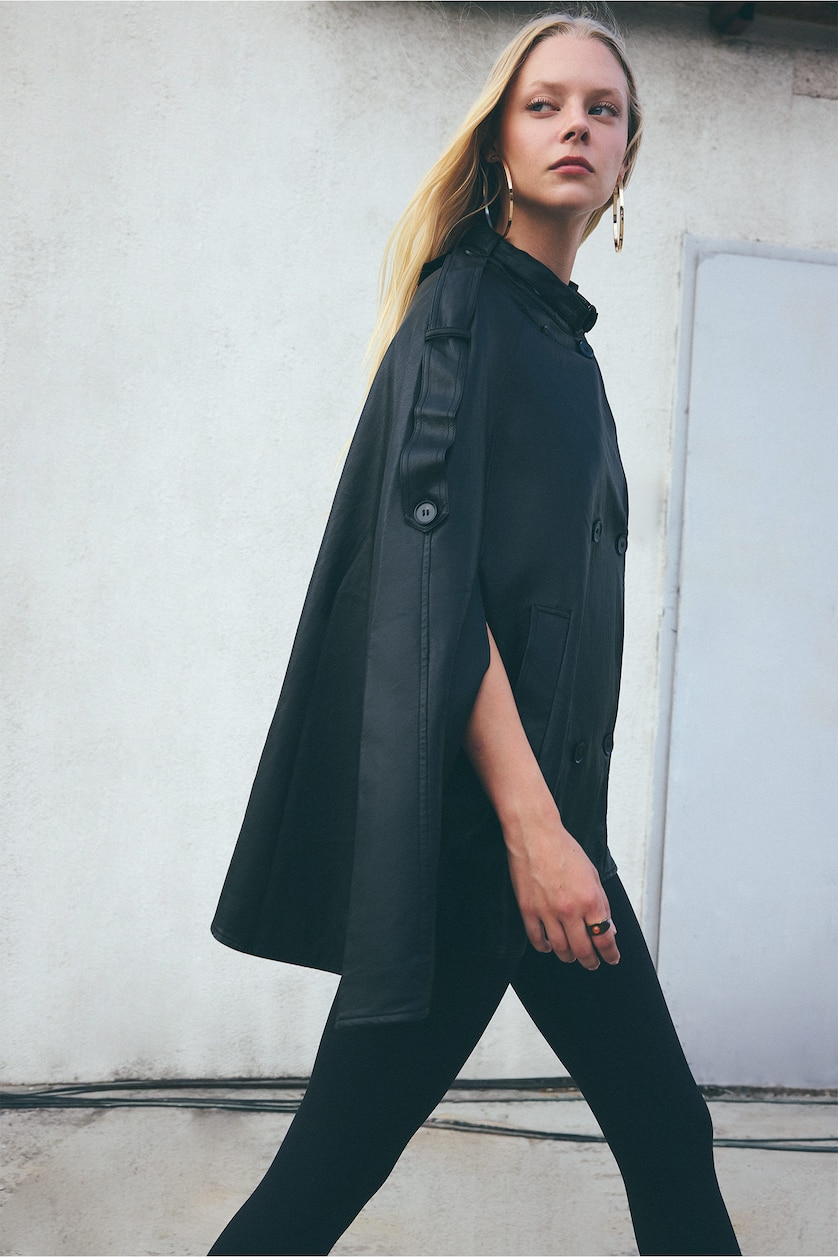 Woman Black Button up Faux Leather Jacket