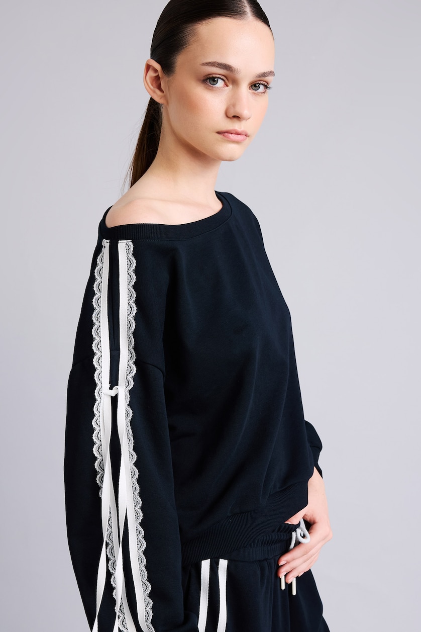 Kadın Lacivert Loose Fit Dantel Şeritli Basic Sweatshirt
