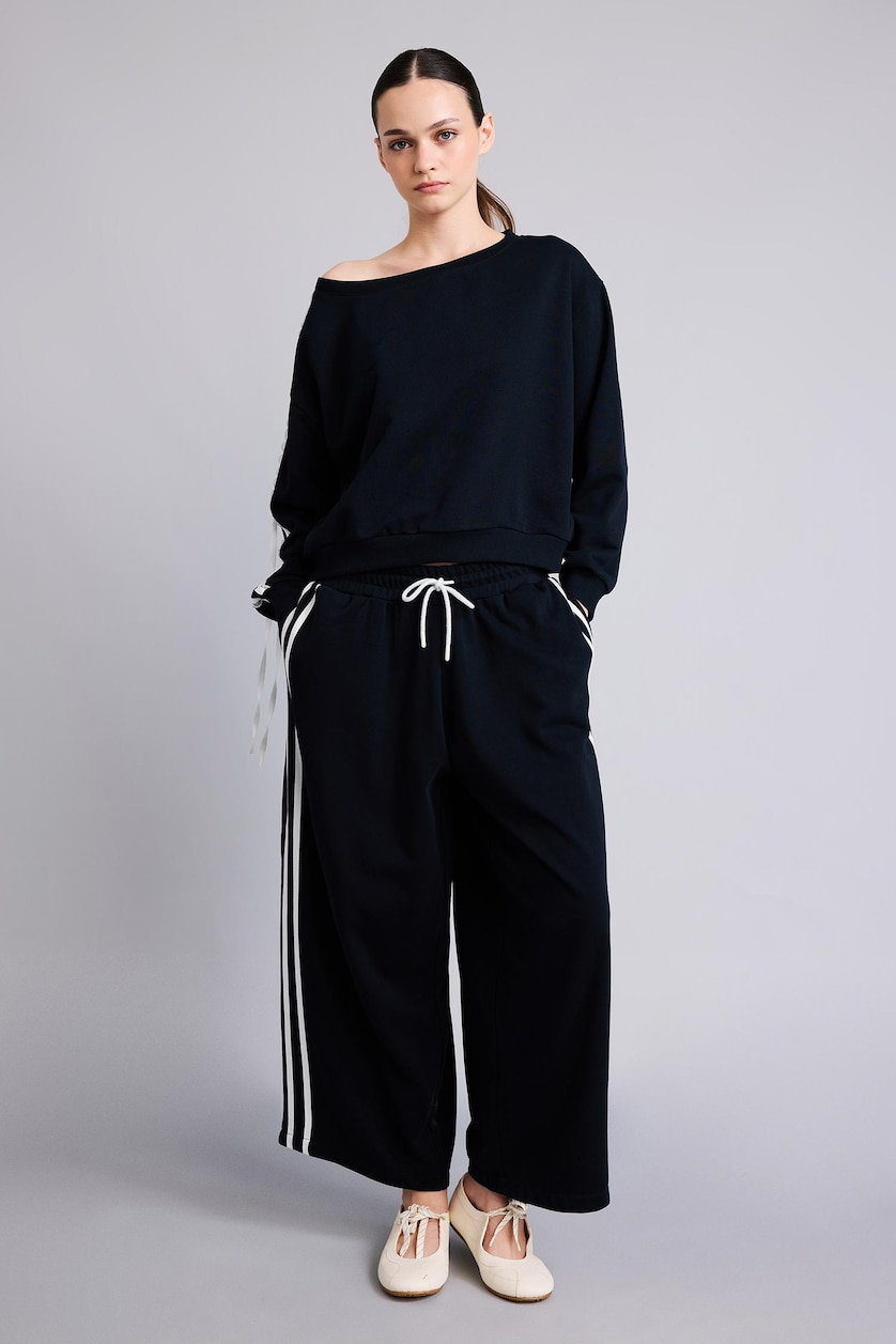 Kadın Lacivert Loose Fit Dantel Şeritli Basic Sweatshirt