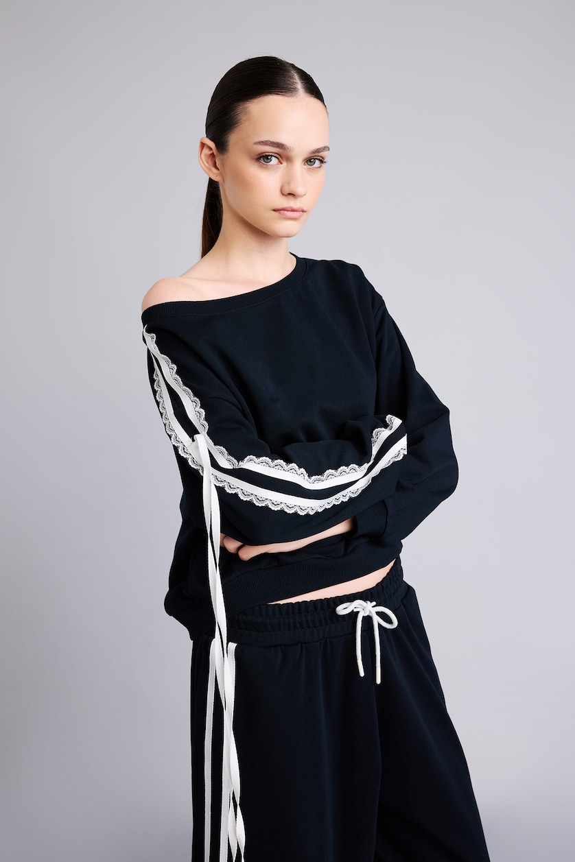 Kadın Lacivert Loose Fit Dantel Şeritli Basic Sweatshirt