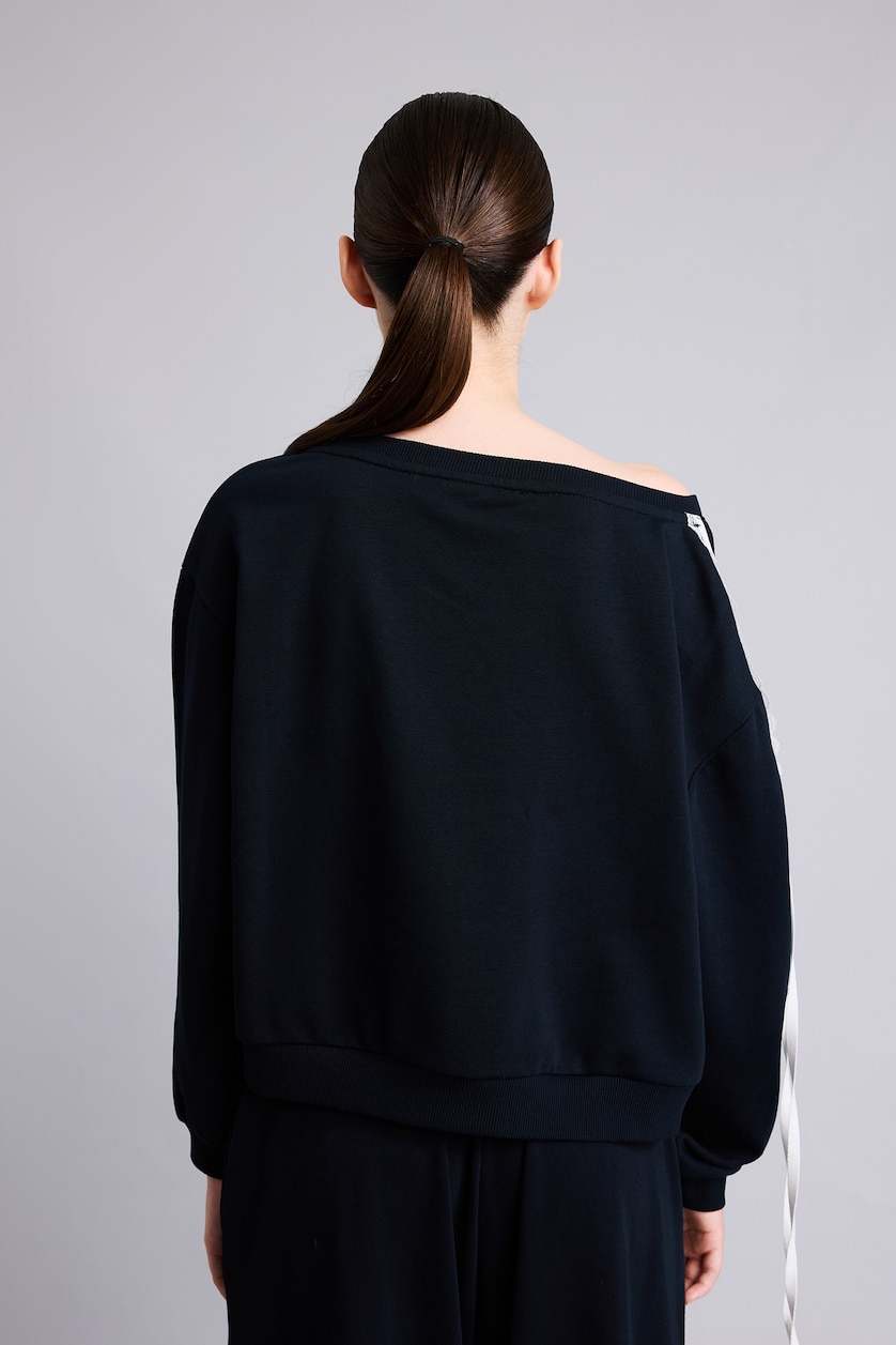 Kadın Lacivert Loose Fit Dantel Şeritli Basic Sweatshirt